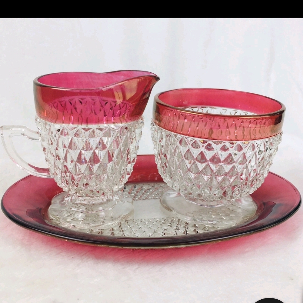 Crystal Glass Creamer and Sugar Set with Pink Accents
